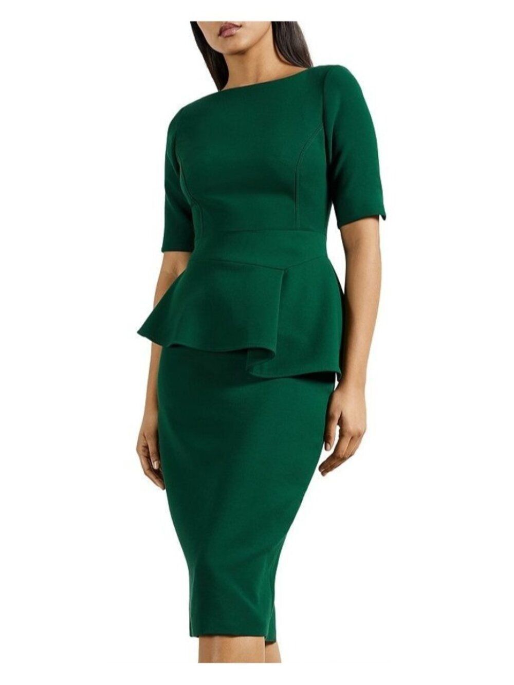Ted Baker Romolaa Peplum Dress Short Sleeve Dark Green Ted Baker Sz 2 /US Size 6